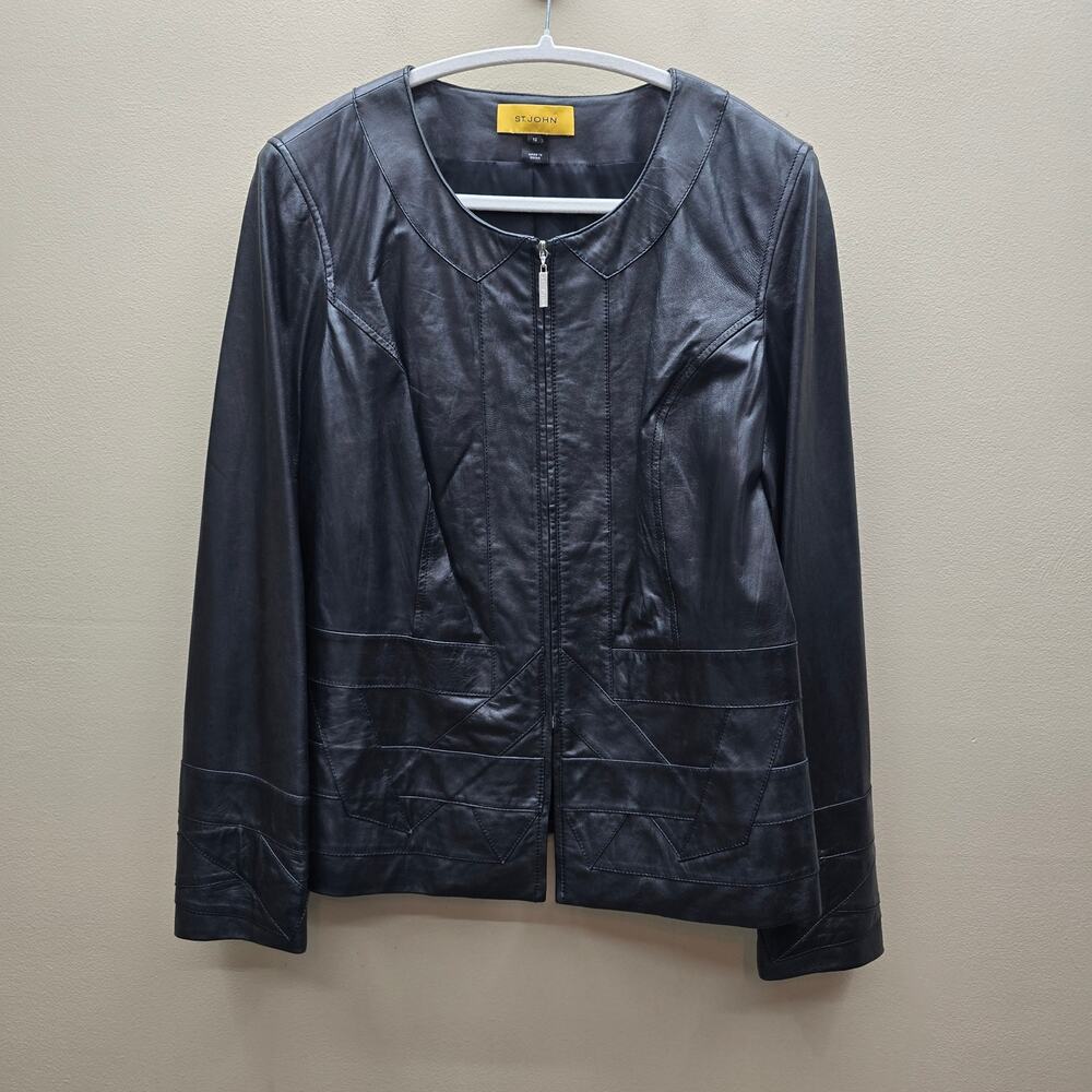 St. John Zip-Front Lamb Leather Moto Jacket Women's Sz 12 Corporate Black Luxury